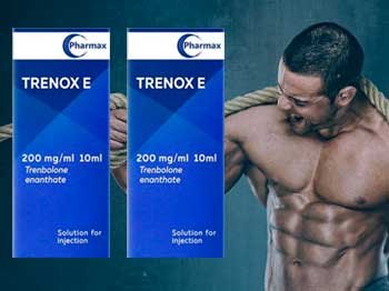 Bodybuilder with Trenox E packaging boxes.