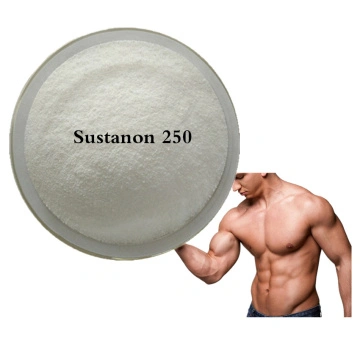 Sustanon 250 powder and muscular man flexing.