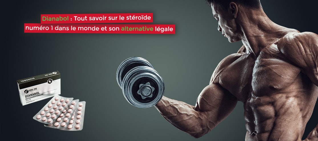 Bodybuilder lifting dumbbell with supplements nearby.