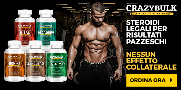 Bodybuilder with CrazyBulk supplement bottles displayed.