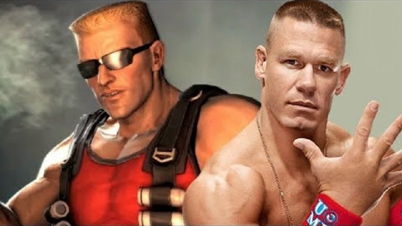 Game character and muscular man posing together.