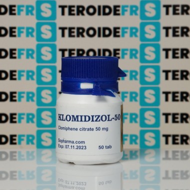 Clomiphene citrate bottle with blue cap.