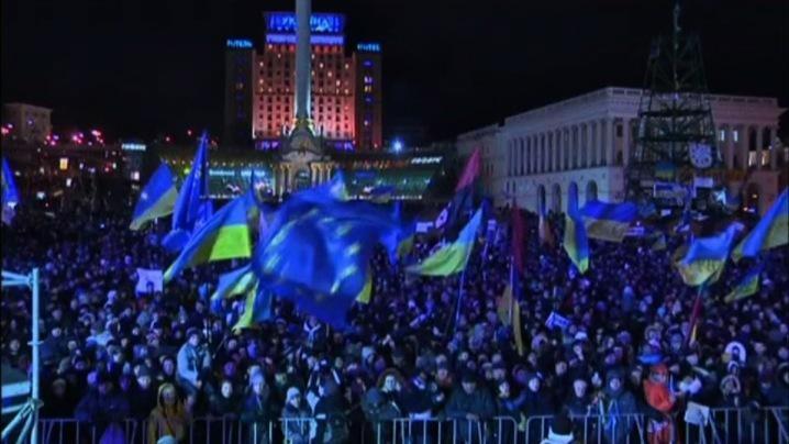 Crowd waving flags in nighttime city square.